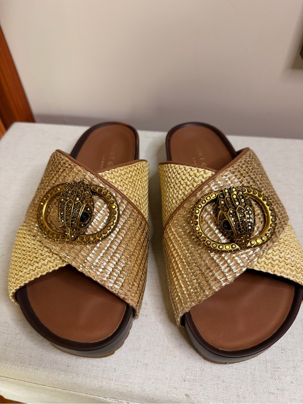 Kurt Geiger Gold Woven Slide Sandals with Decorative Medallion - Picture 2 of 8